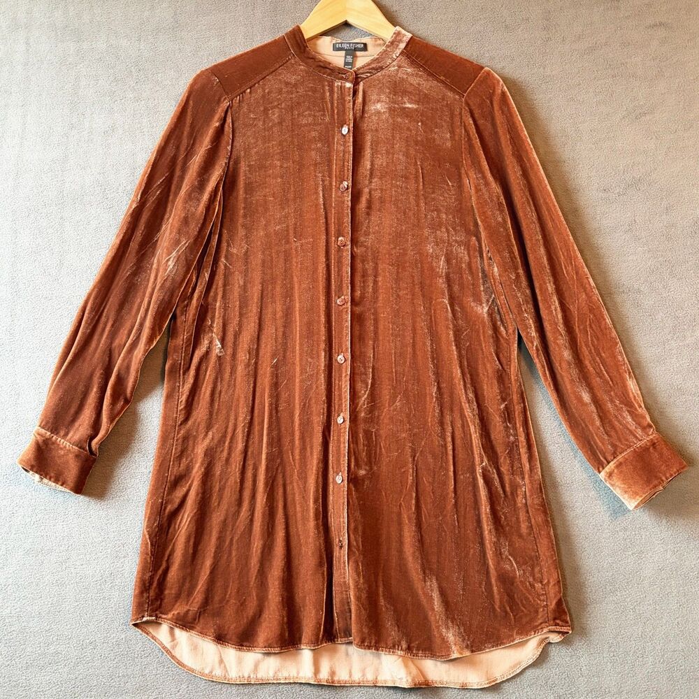 Eileen Fisher Long Velvet Tunic Women's Petite Small Copper Mandarin Collar